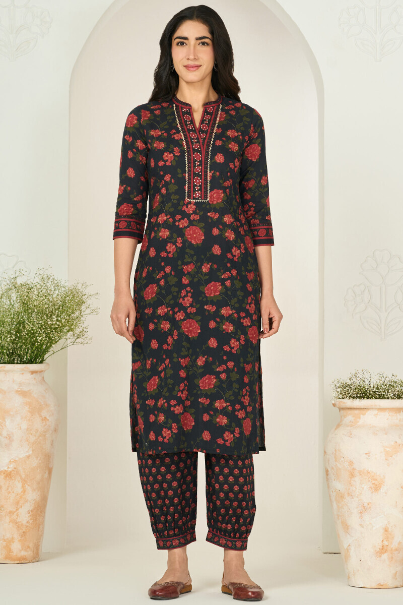 Black Printed Straight Cotton Kurta