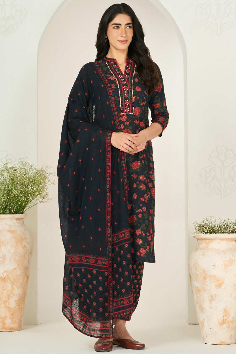 Black Printed Straight Cotton Kurta