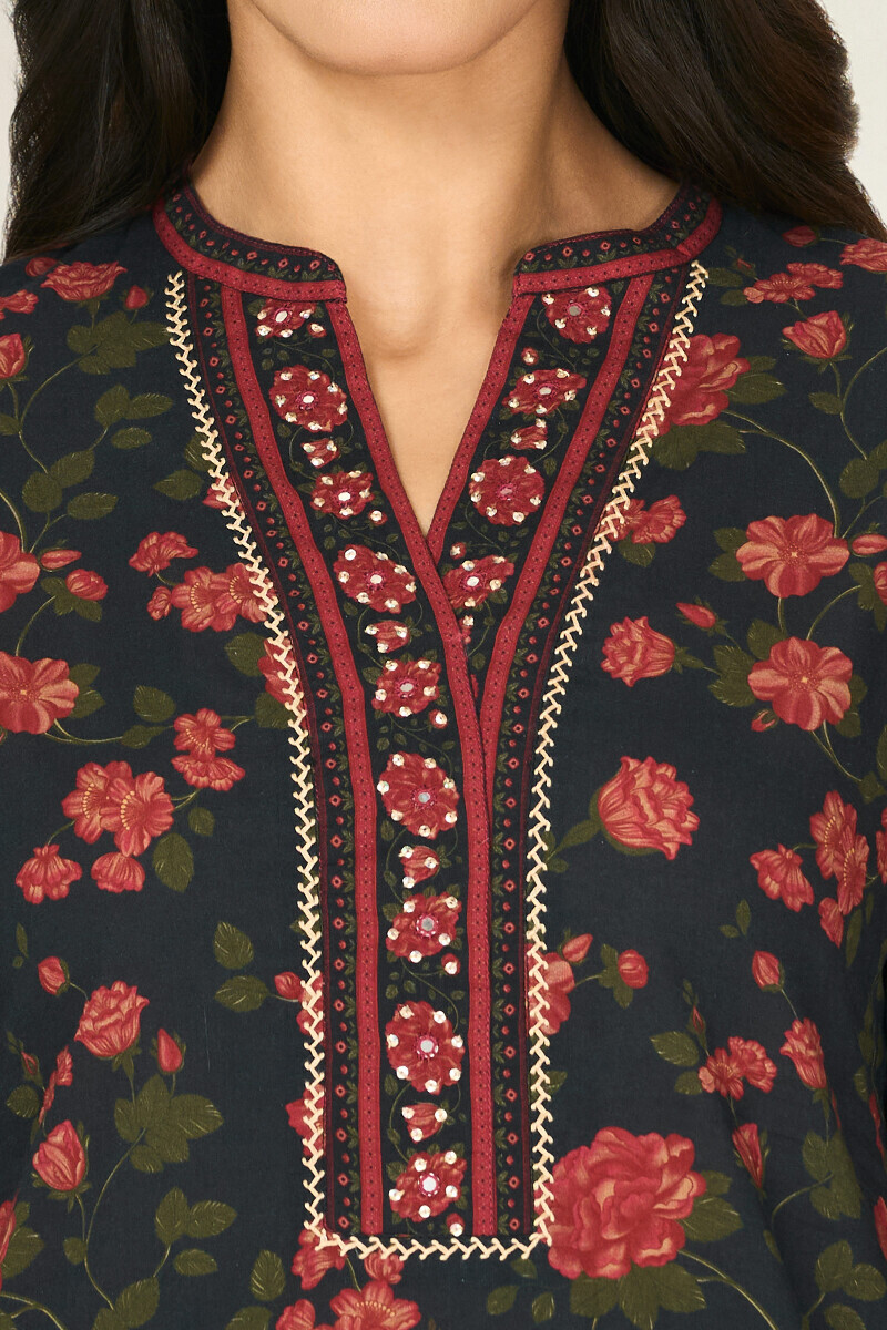 Black Printed Straight Cotton Kurta