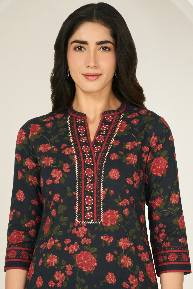 Black Printed Straight Cotton Kurta