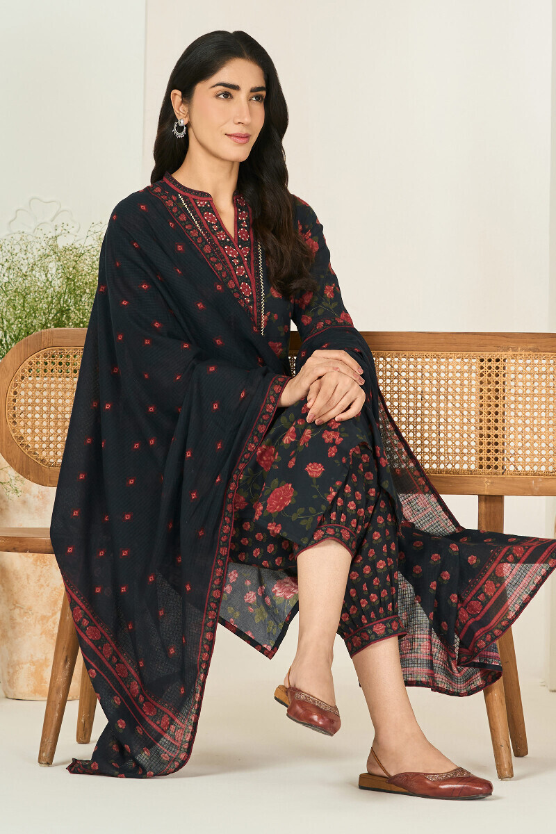 Black Printed Straight Cotton Kurta