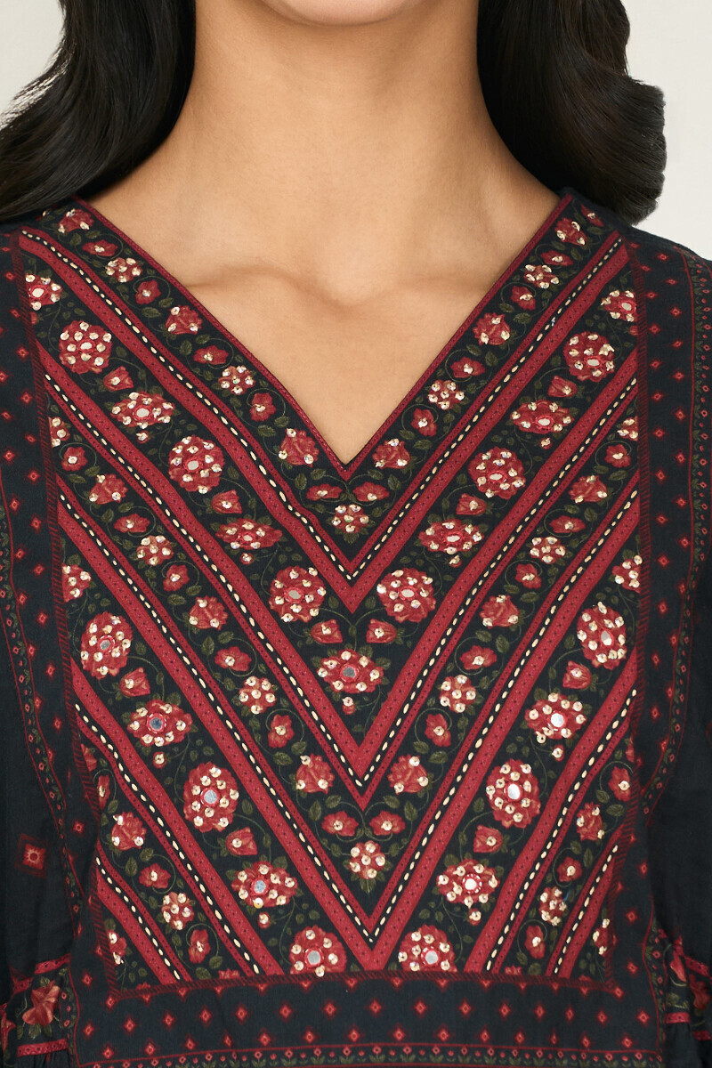 Black Printed A-Line Cotton Kurta