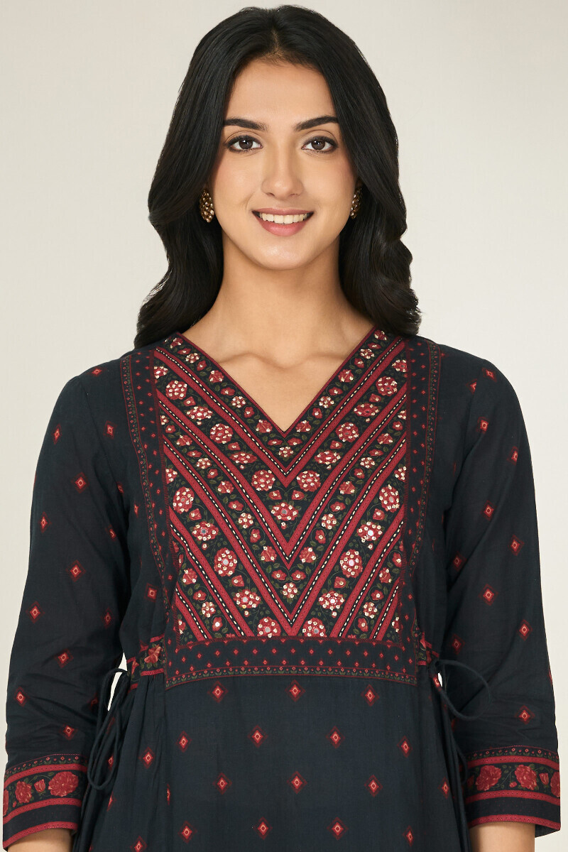 Black Printed A-Line Cotton Kurta
