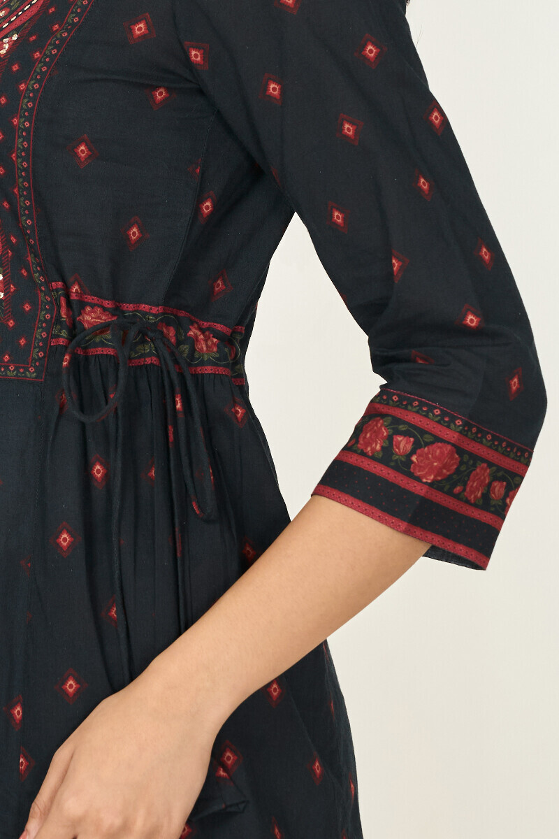 Black Printed A-Line Cotton Kurta