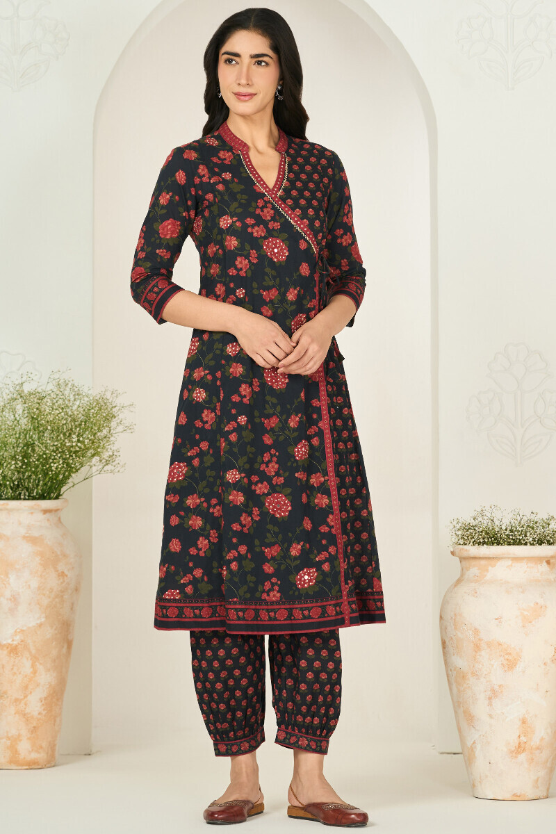 Black Printed Cotton Angrakha Kurta