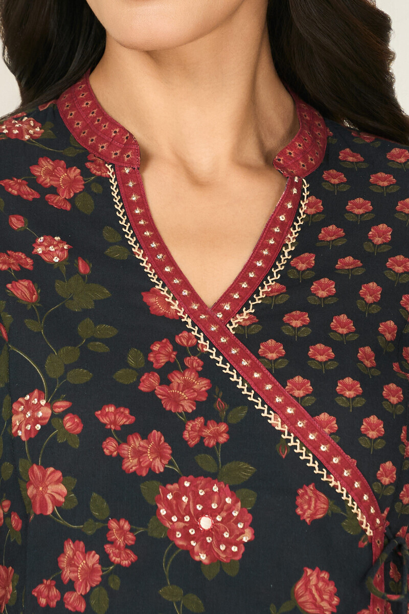 Black Printed Cotton Angrakha Kurta