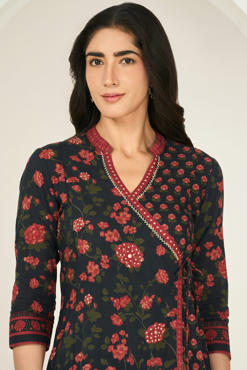 Black Printed Cotton Angrakha Kurta