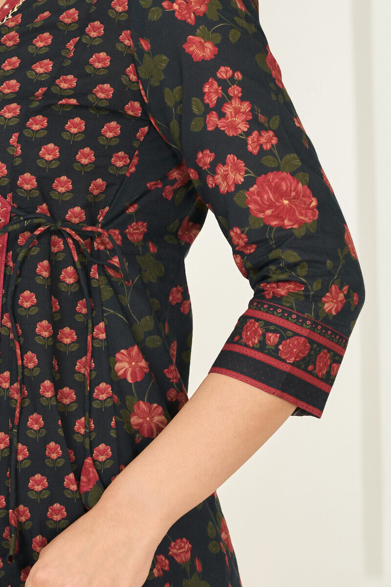 Black Printed Cotton Angrakha Kurta
