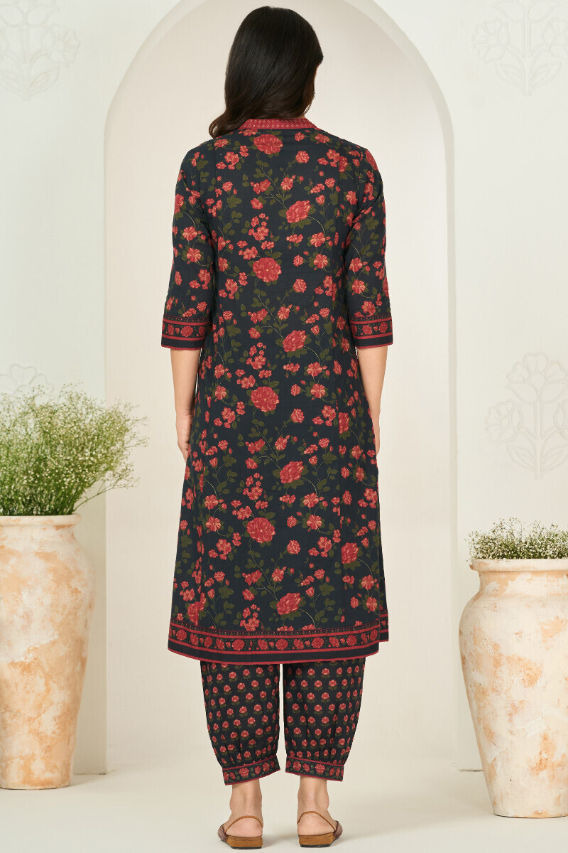 Black Printed Cotton Angrakha Kurta