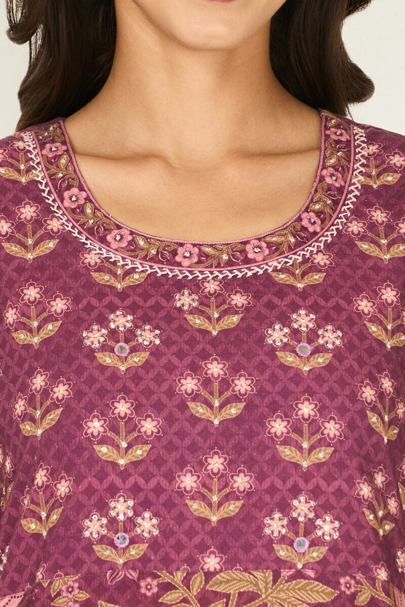 Purple Printed Straight Cotton Kurta