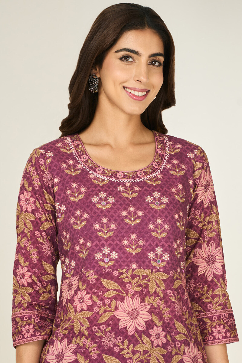 Purple Printed Straight Cotton Kurta