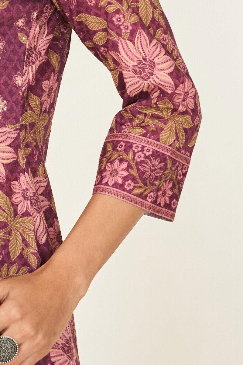 Purple Printed Straight Cotton Kurta
