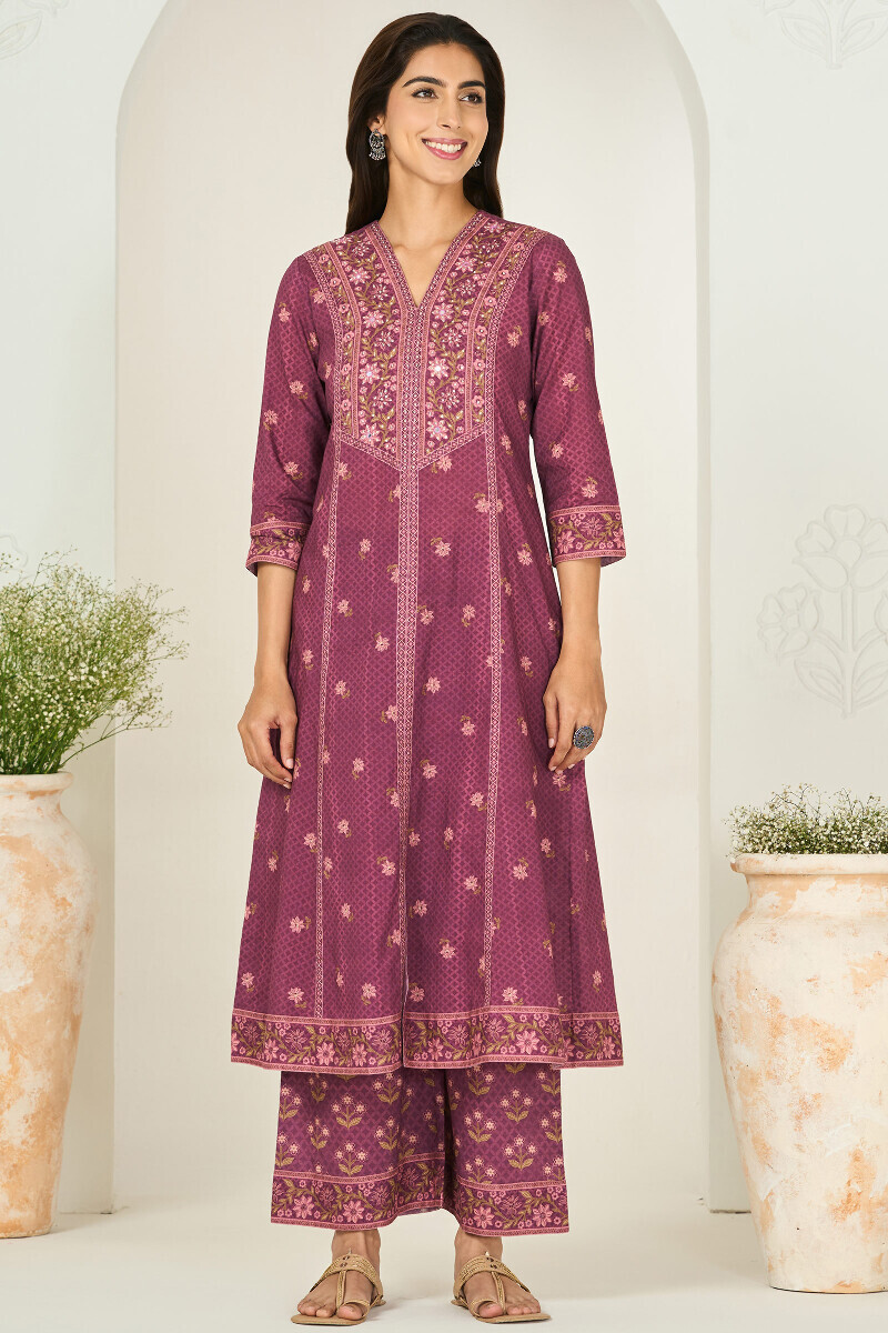 Purple Printed A-Line Cotton Kurta