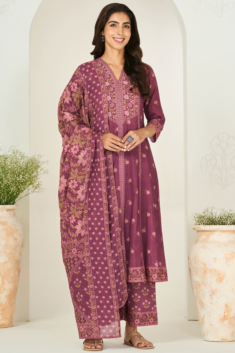 Purple Printed A-Line Cotton Kurta