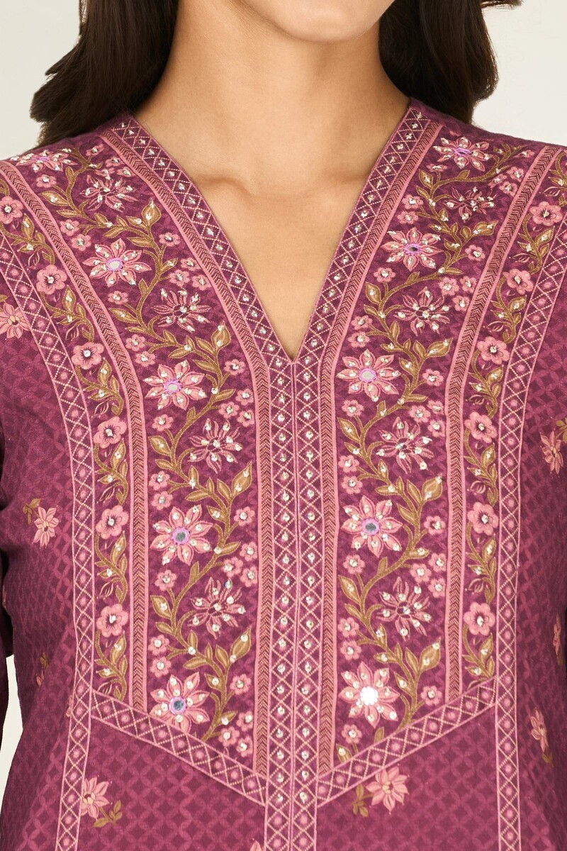 Purple Printed A-Line Cotton Kurta