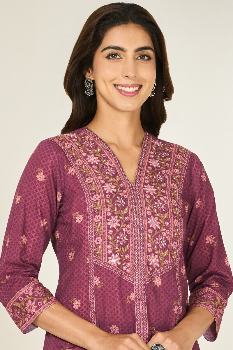 Purple Printed A-Line Cotton Kurta