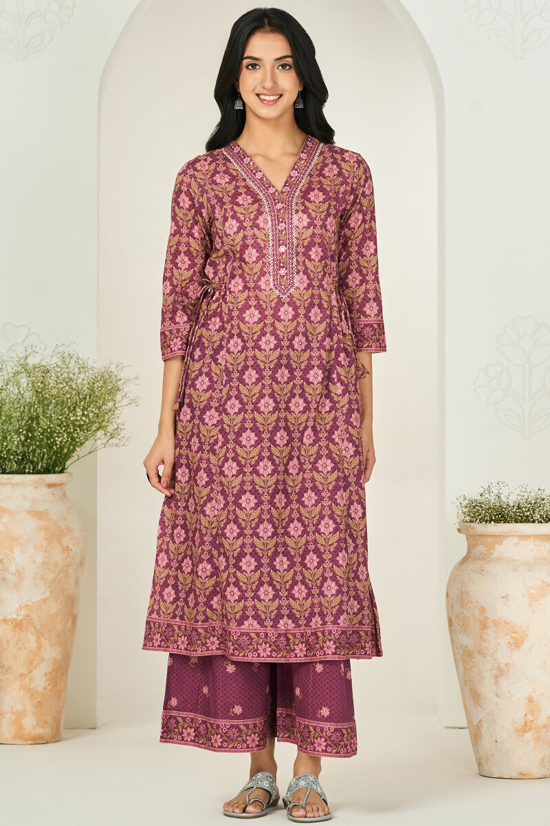 Purple Printed A-Line Cotton Kurta