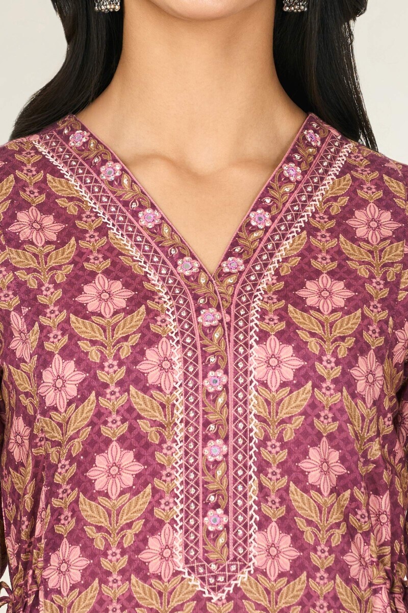 Purple Printed A-Line Cotton Kurta