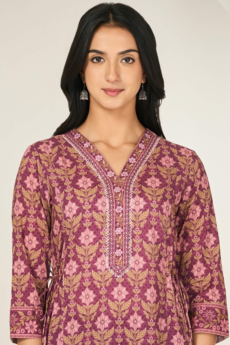 Purple Printed A-Line Cotton Kurta