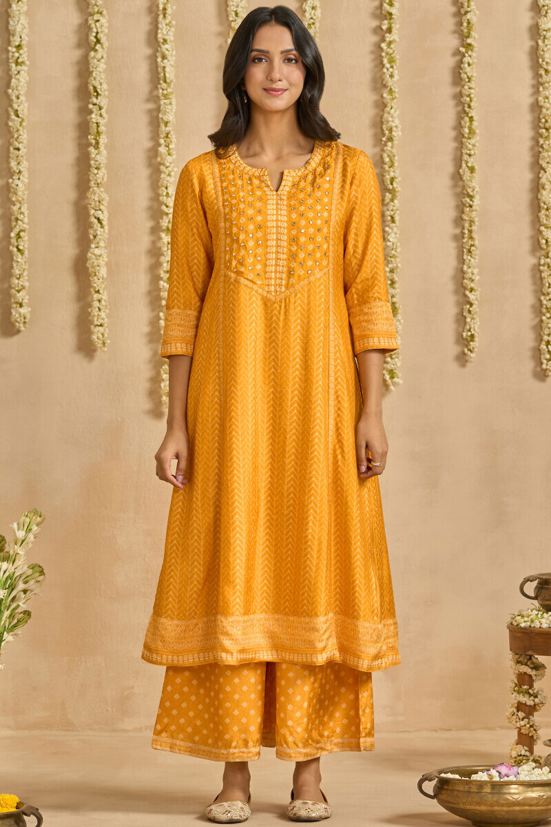 Yellow Printed A-Line Dola Silk Kurta