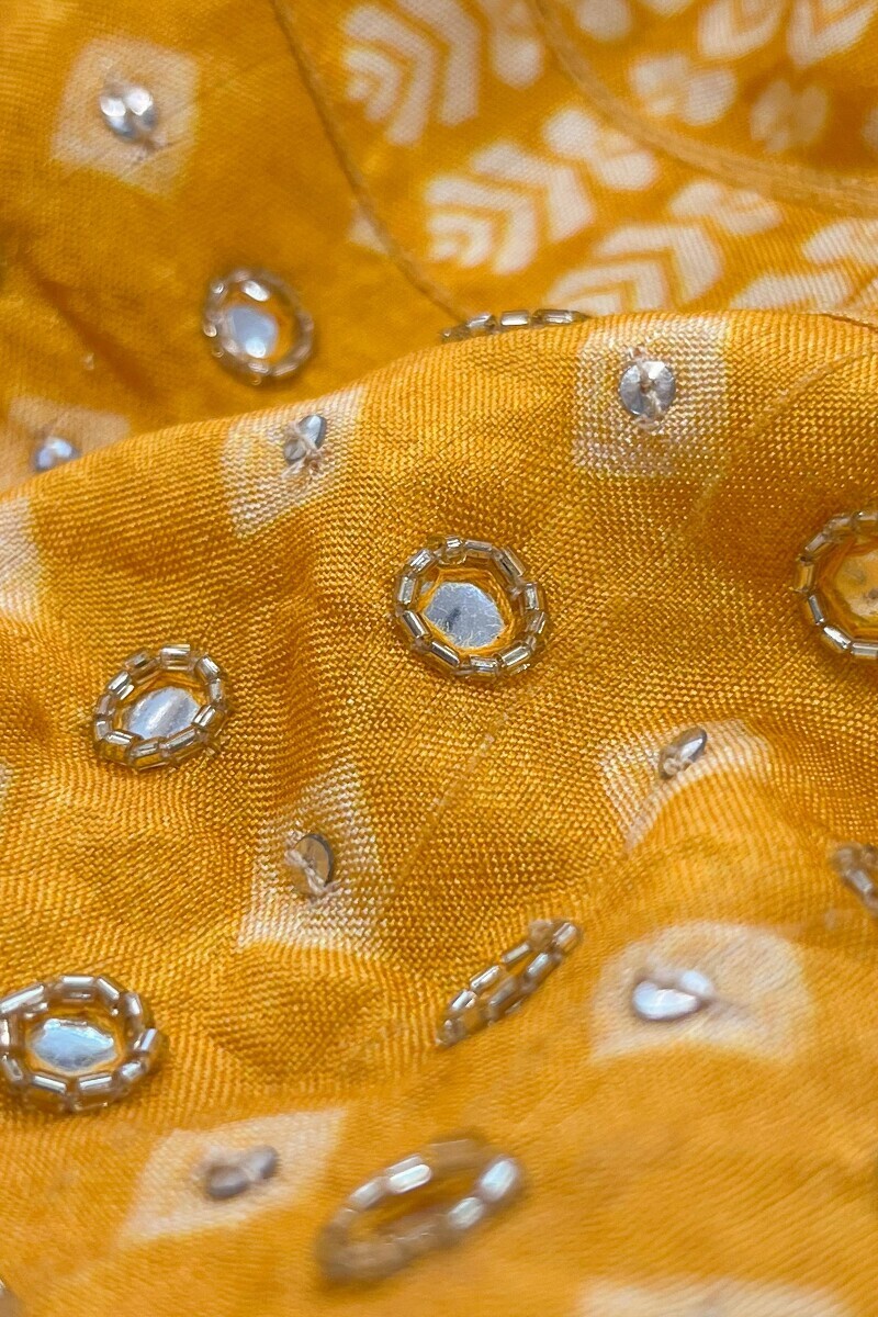 Yellow Printed A-Line Dola Silk Kurta