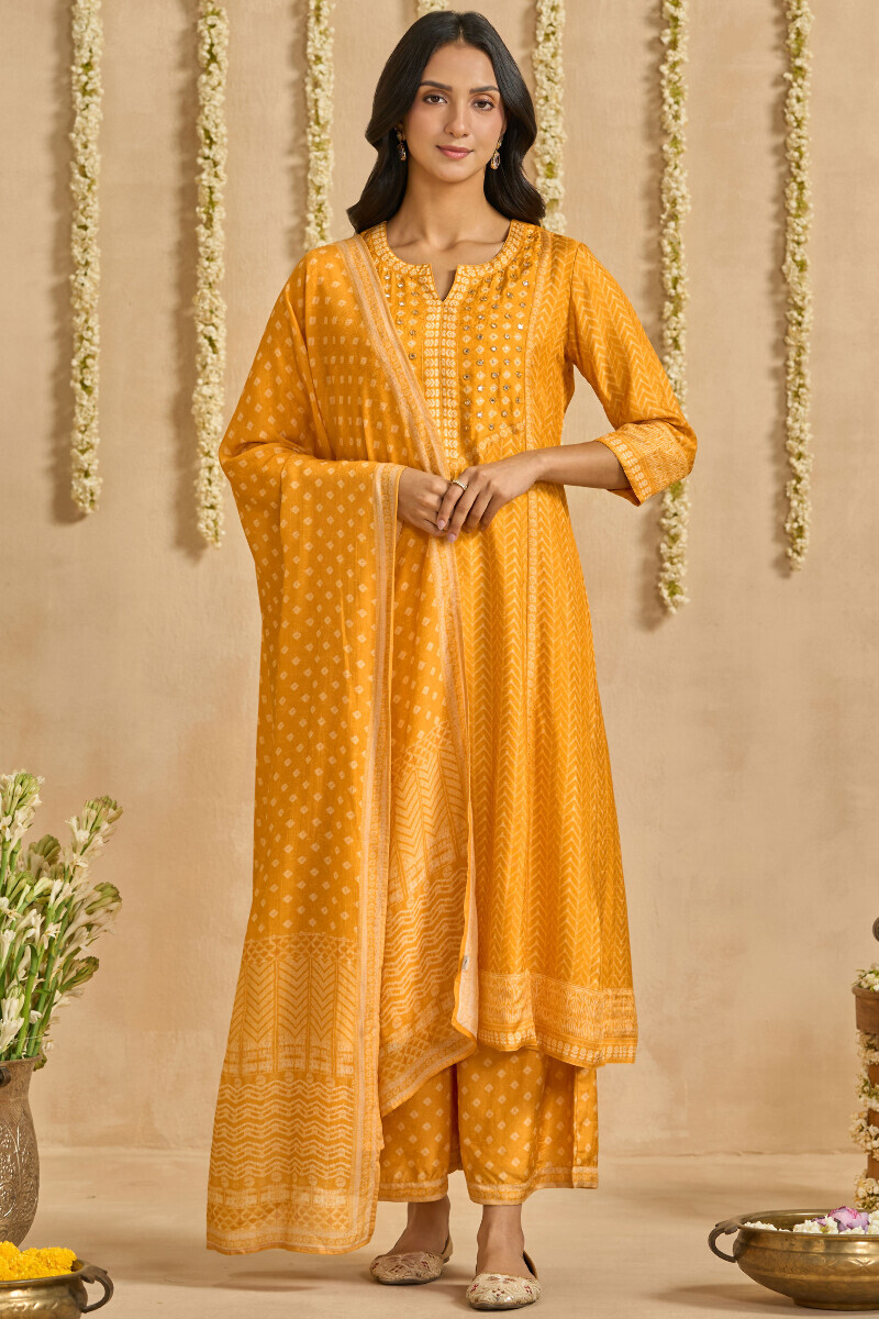 Yellow Printed A-Line Dola Silk Kurta