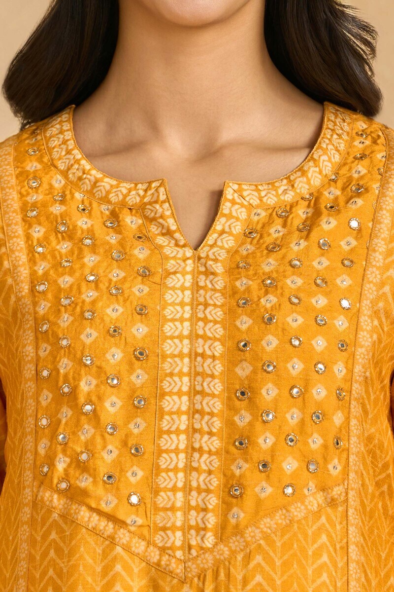Yellow Printed A-Line Dola Silk Kurta