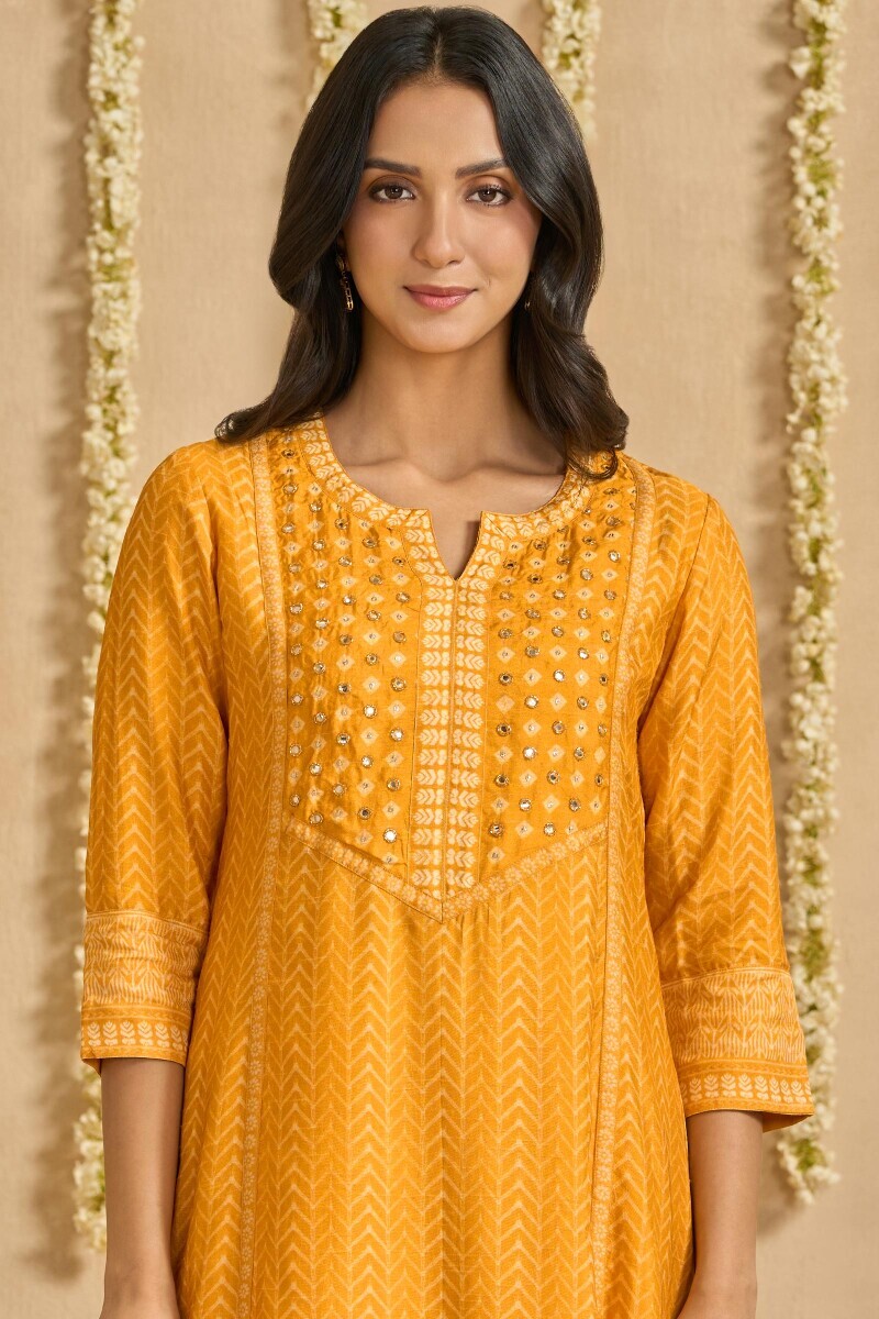 Yellow Printed A-Line Dola Silk Kurta