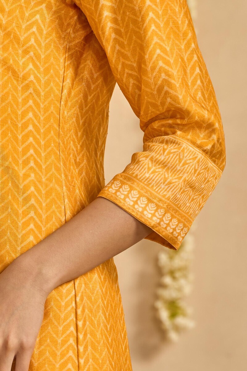 Yellow Printed A-Line Dola Silk Kurta