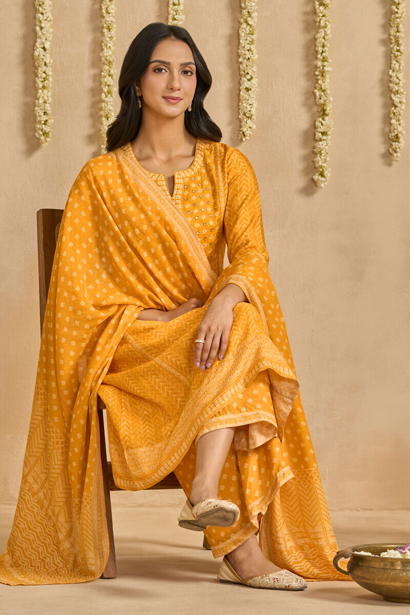 Yellow Printed A-Line Dola Silk Kurta