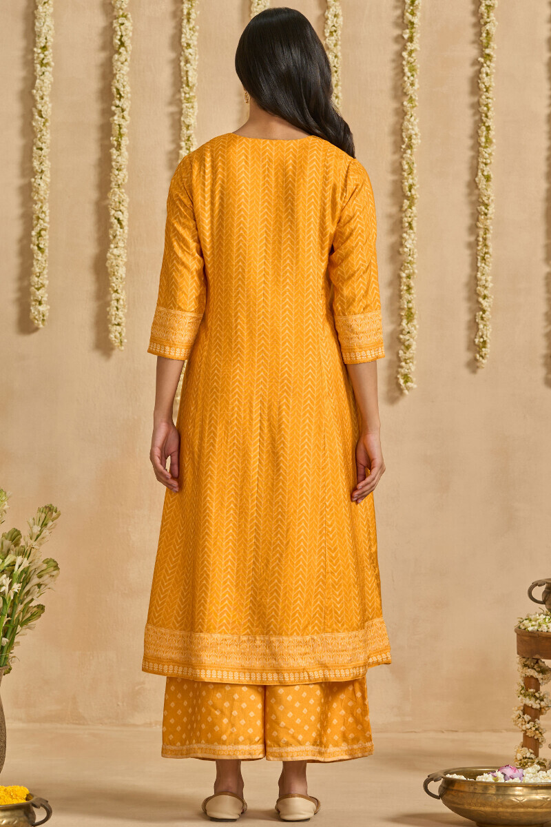 Yellow Printed A-Line Dola Silk Kurta