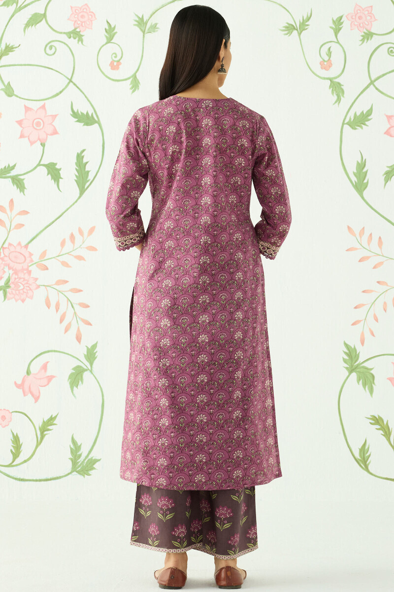Purple Hand Printed Straight Cotton Kurta