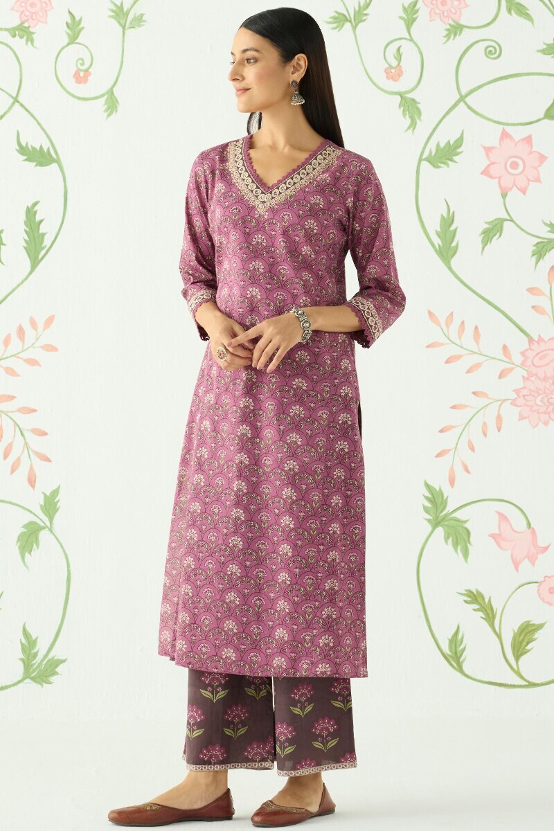 Purple Hand Printed Straight Cotton Kurta