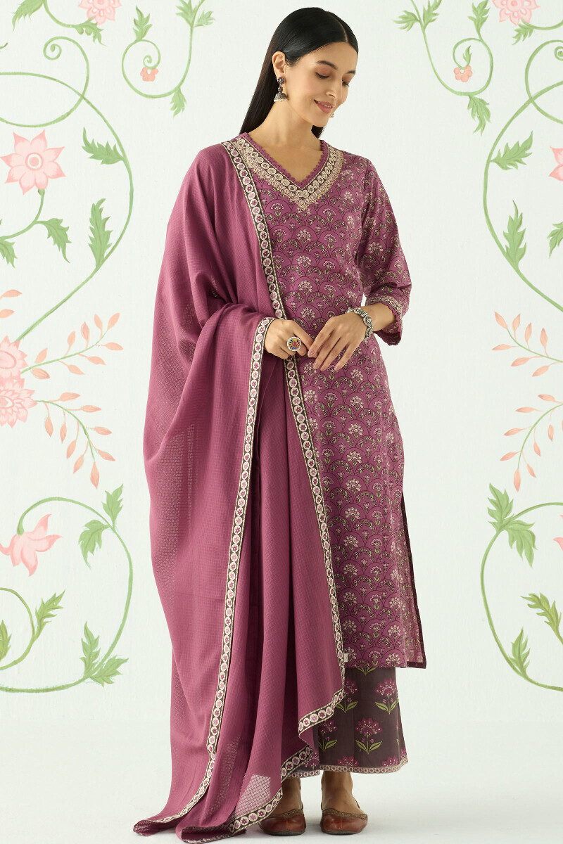 Purple Hand Printed Straight Cotton Kurta