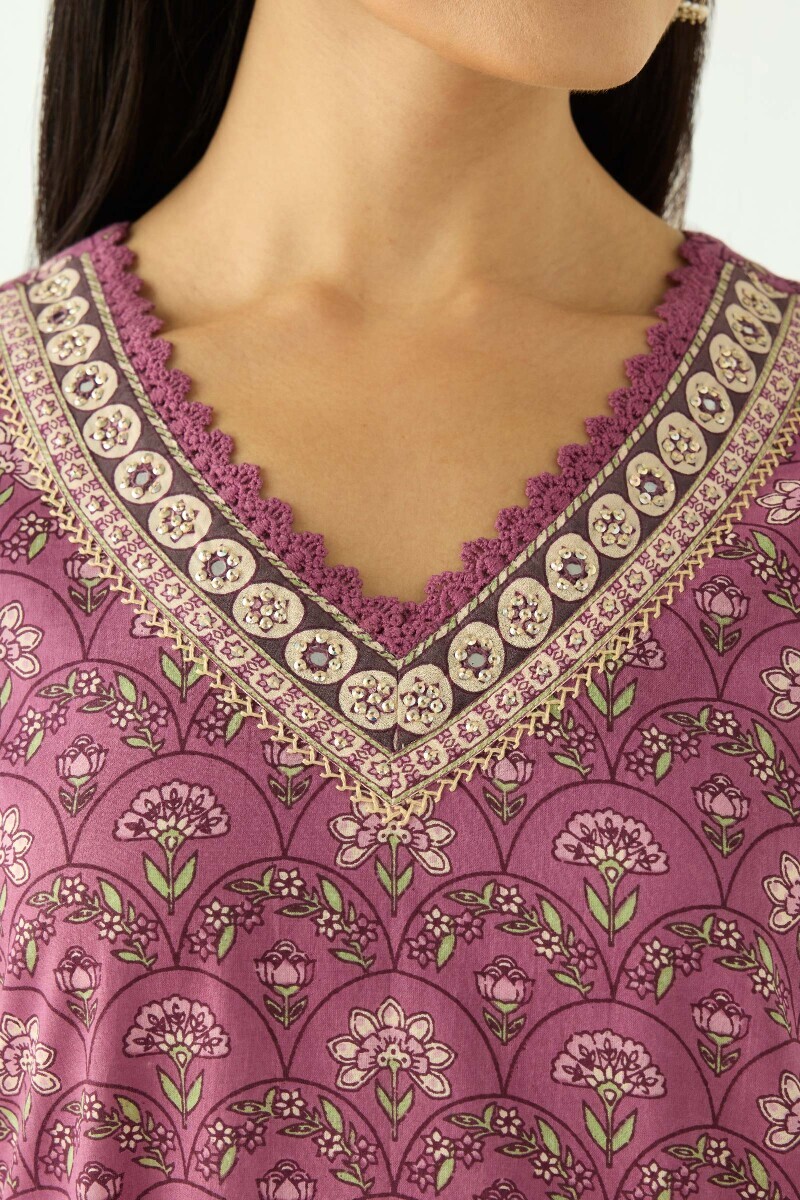 Purple Hand Printed Straight Cotton Kurta