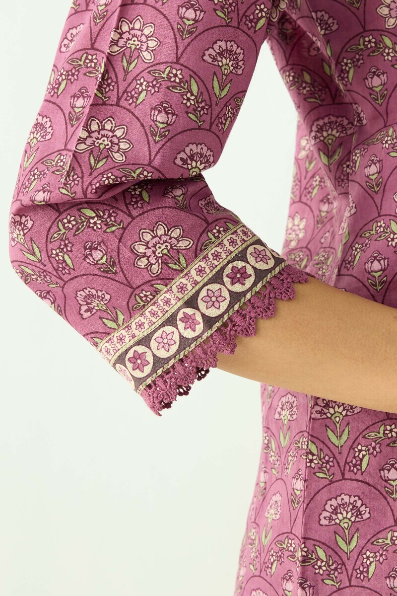 Purple Hand Printed Straight Cotton Kurta