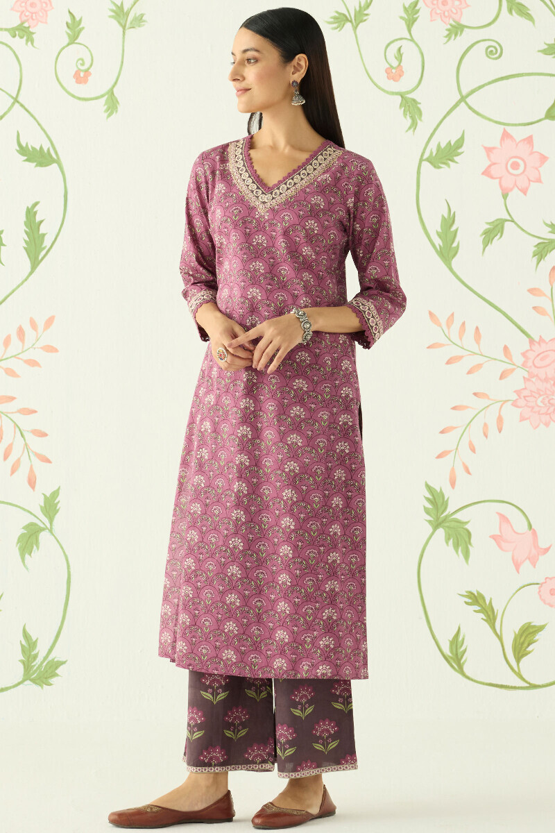 Purple Hand Printed Straight Cotton Kurta