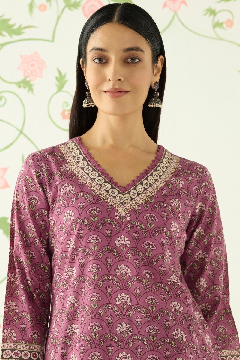Purple Hand Printed Straight Cotton Kurta