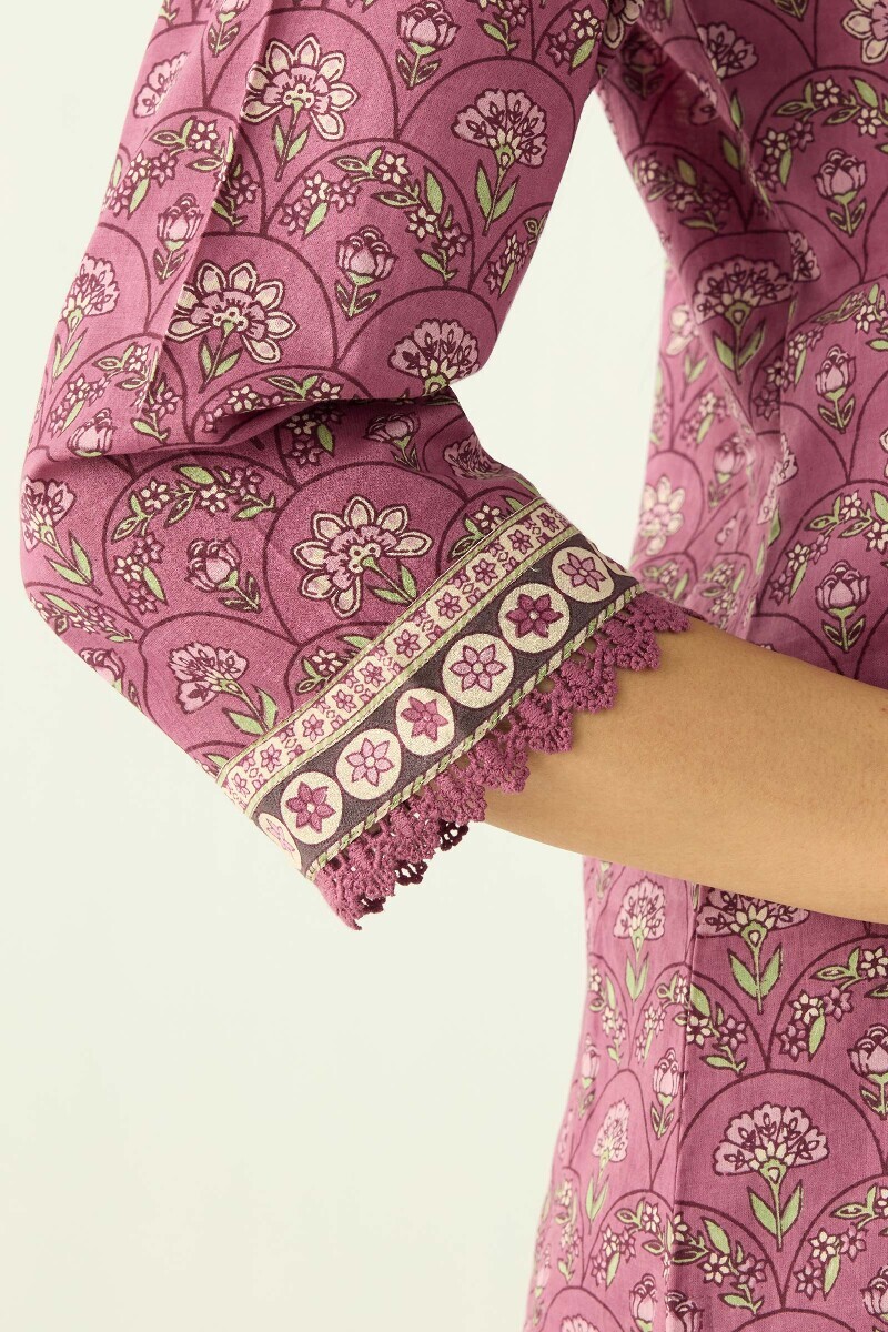 Purple Hand Printed Straight Cotton Kurta
