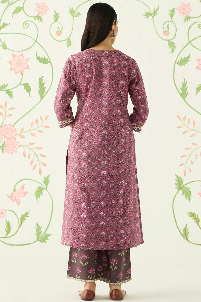 Purple Hand Printed Straight Cotton Kurta