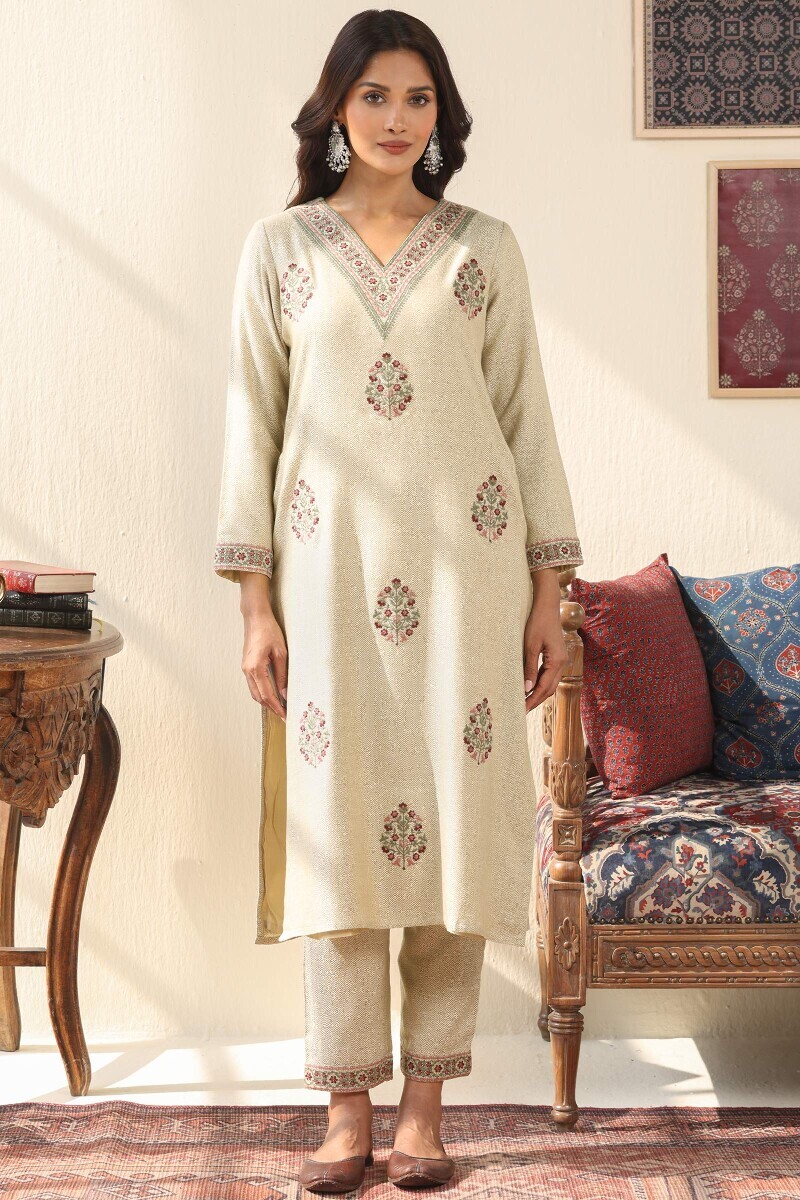 Beige Handcrafted Straight Faux Wool Kurta