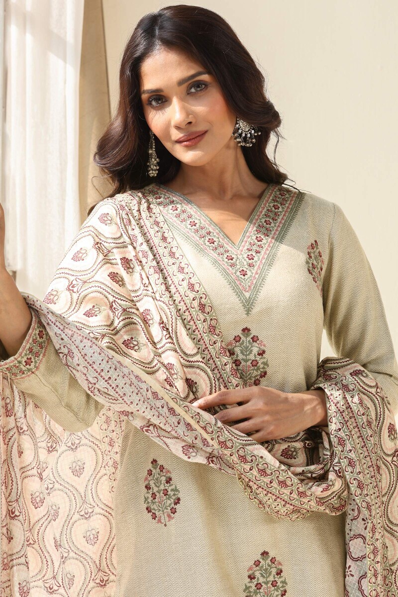 Beige Handcrafted Straight Faux Wool Kurta