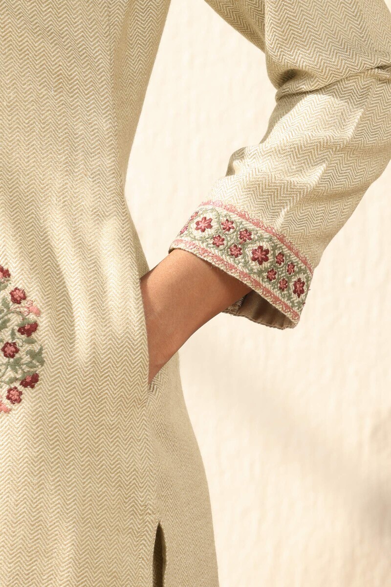 Beige Handcrafted Straight Faux Wool Kurta