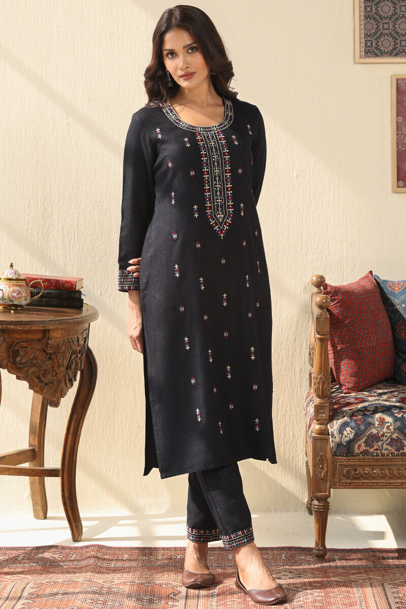 Black Handcrafted Straight Faux Wool Kurta
