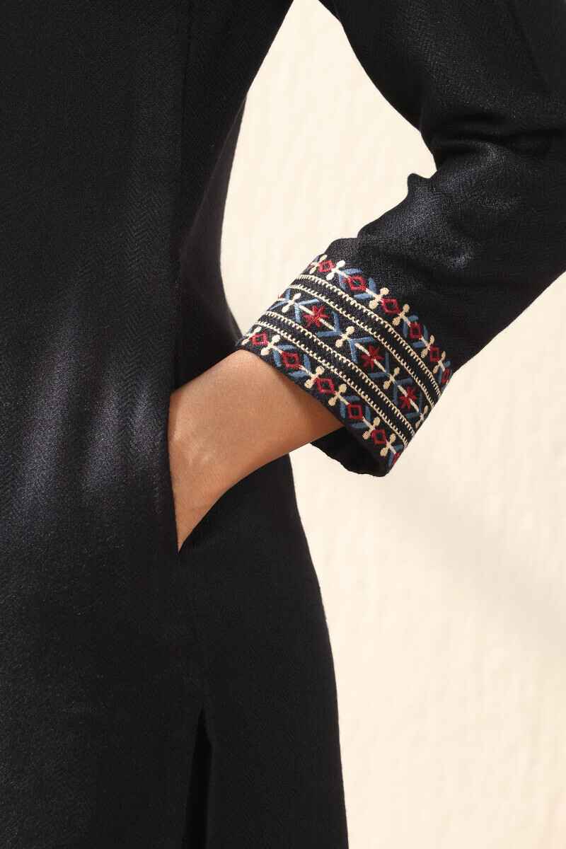 Black Handcrafted Straight Faux Wool Kurta
