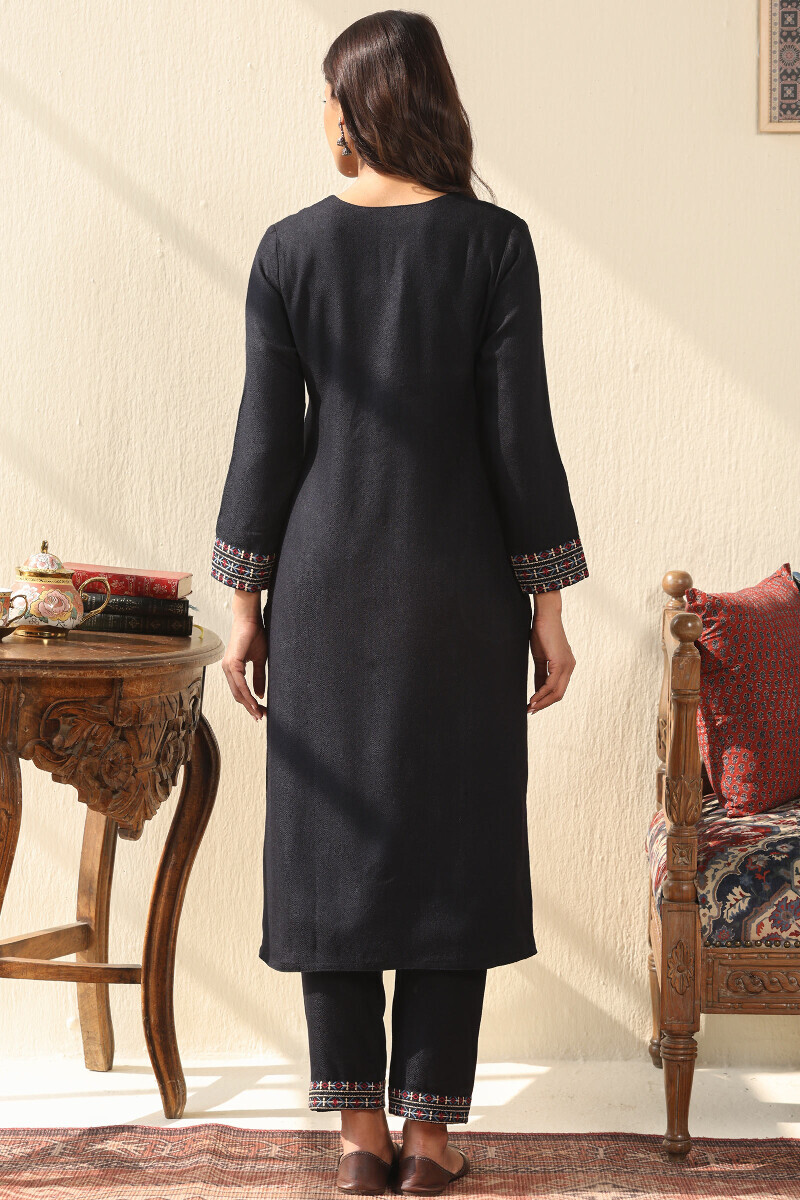 Black Handcrafted Straight Faux Wool Kurta