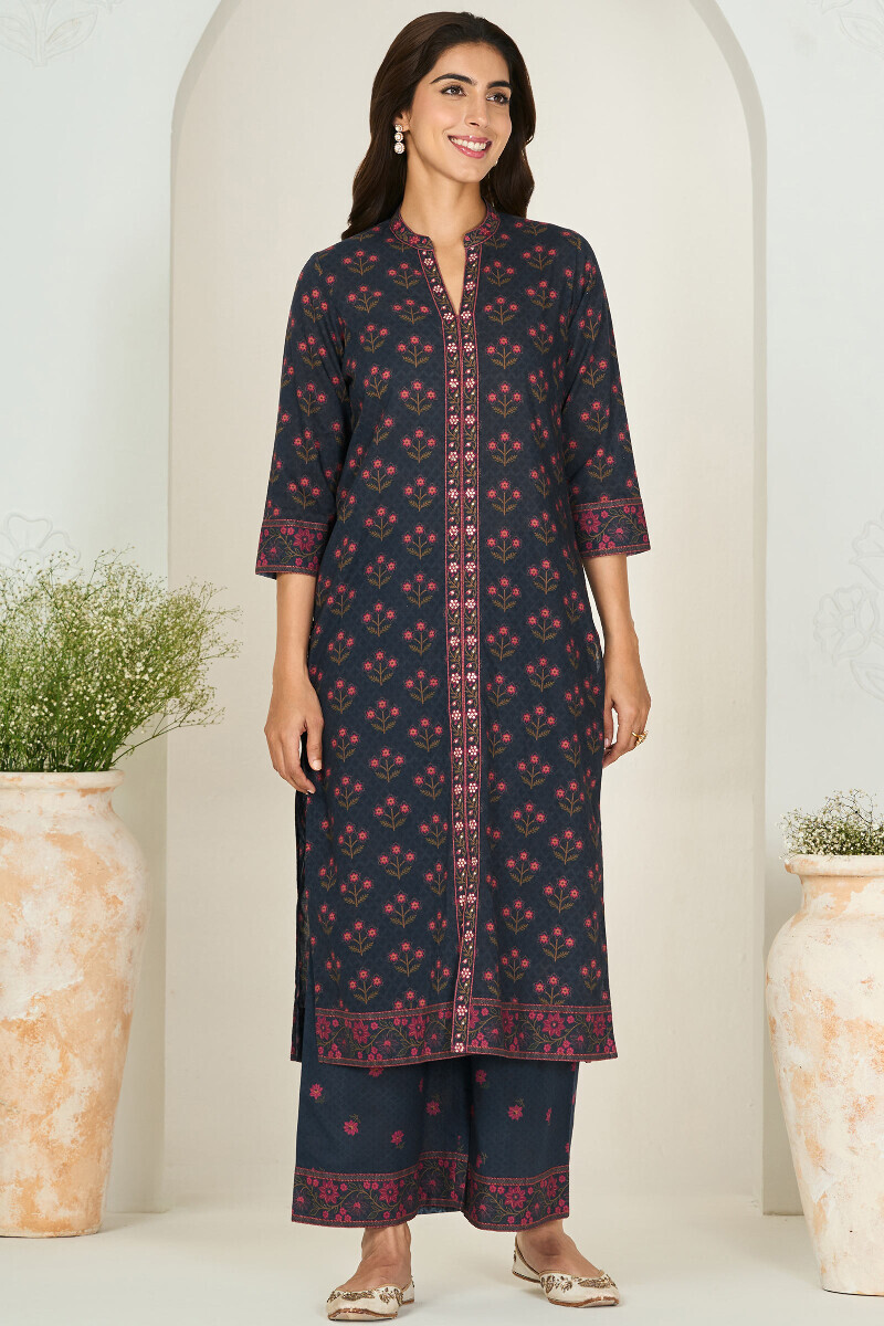 Navy Blue Printed Straight Cotton Kurta
