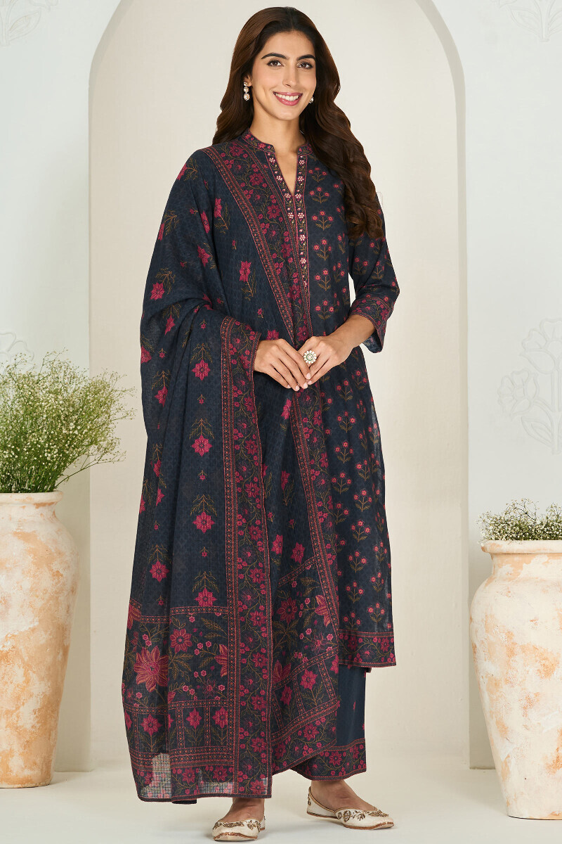 Navy Blue Printed Straight Cotton Kurta