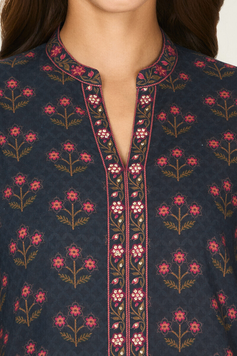 Navy Blue Printed Straight Cotton Kurta