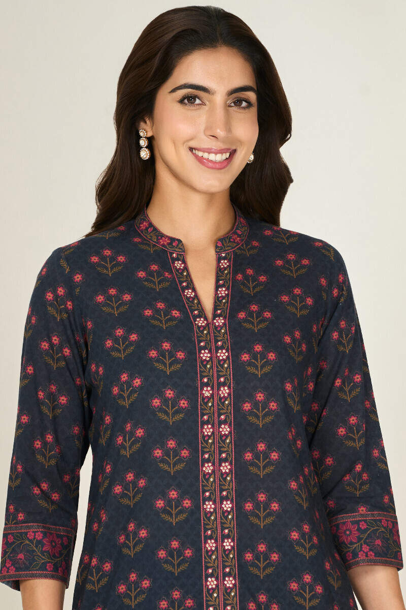 Navy Blue Printed Straight Cotton Kurta